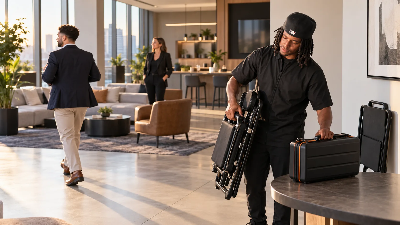 A barber arriving in a building lobby with a folding chair and a compact kit case