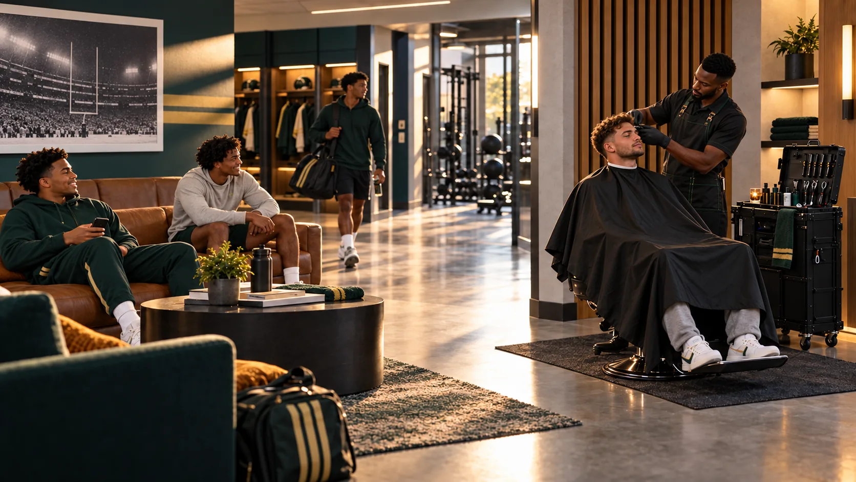 A barber cutting an athlete’s hair in a team locker lounge while teammates wait