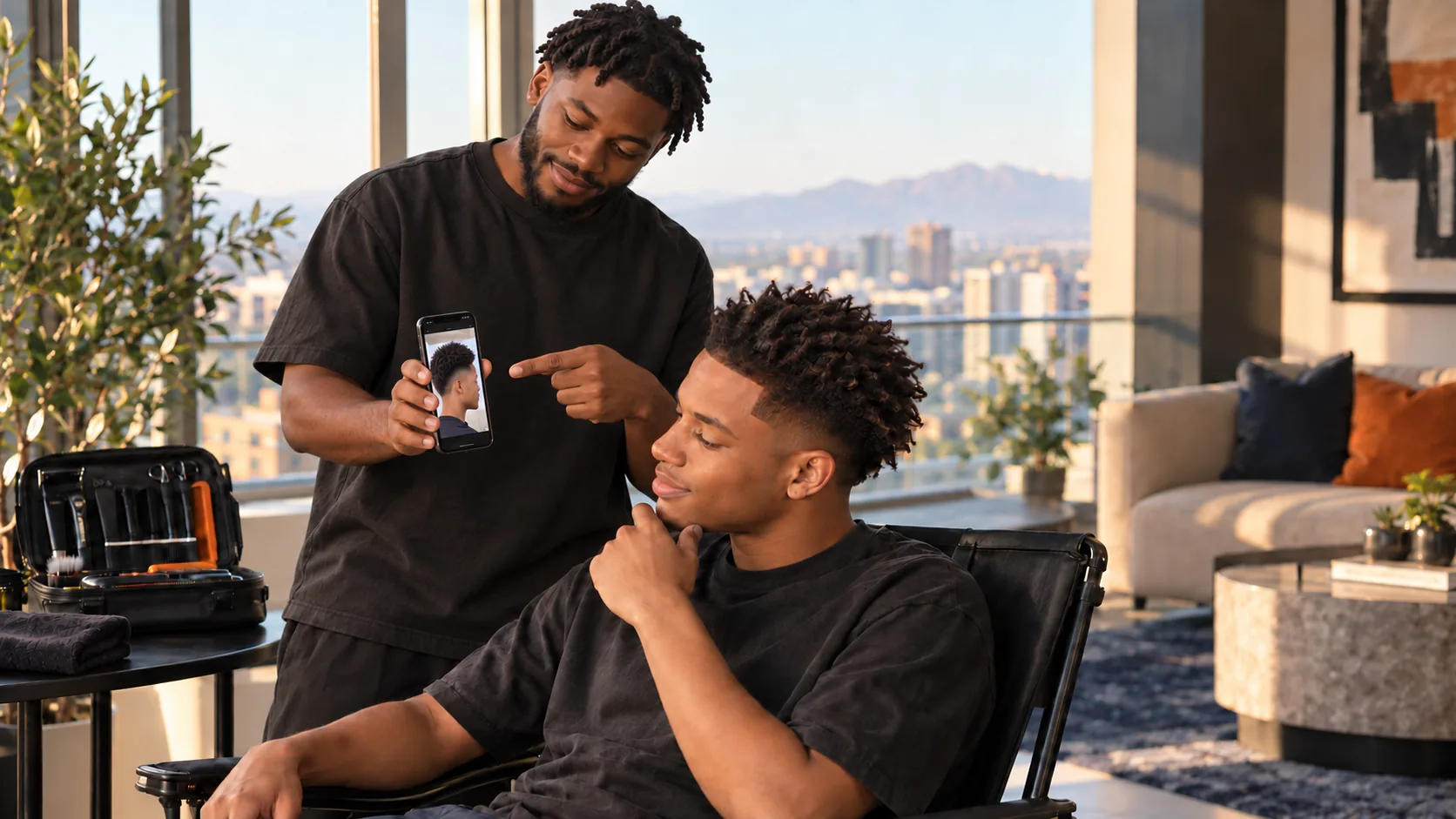 A barber showing a client the photo of his last cut on a phone before starting the next one
