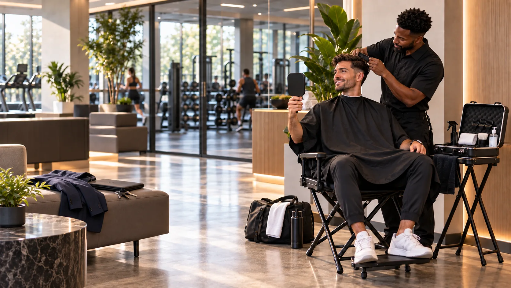 A member checking his fresh cut in a phone mirror on a fitness club floor