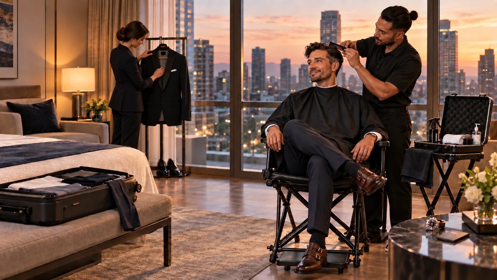 A barber cutting a guest’s hair in a hotel suite at sunset while a suit hangs ready for the evening