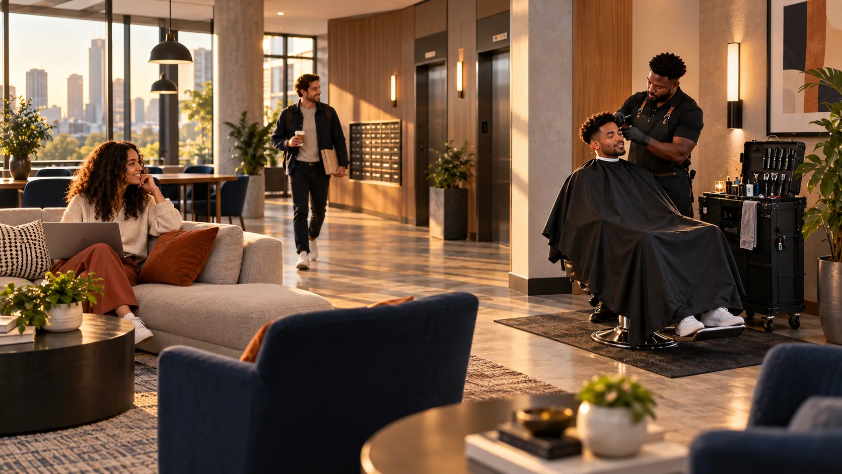 A barber cutting hair in a building lobby while people pass by