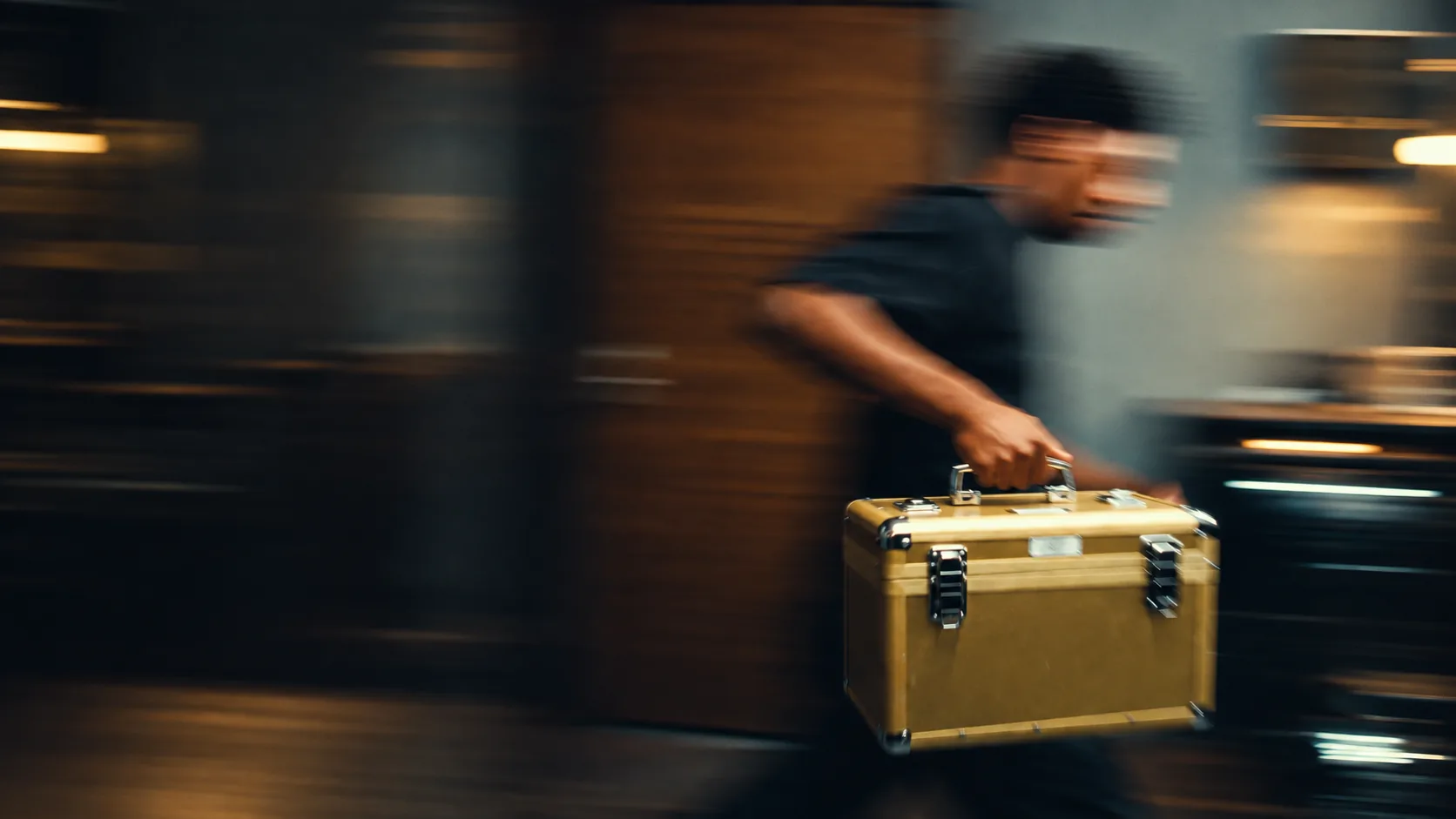 A barber in motion carrying his kit case, on the way to an appointment