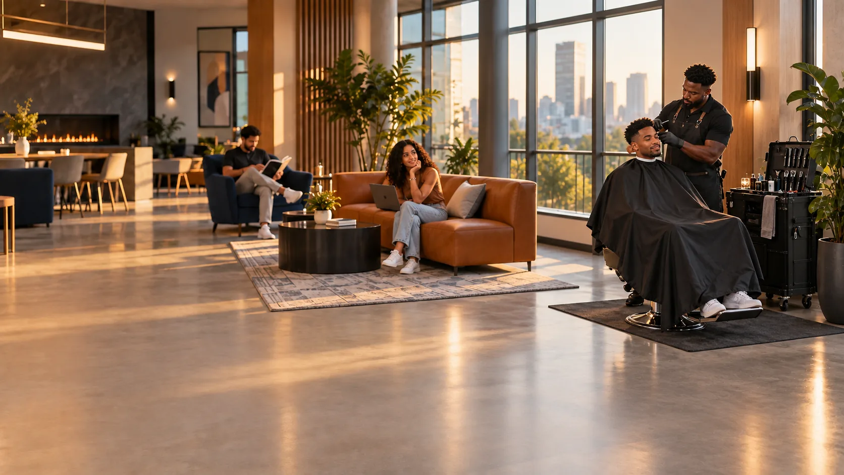 A barber cutting a resident’s hair in an apartment lobby lounge with the city skyline behind