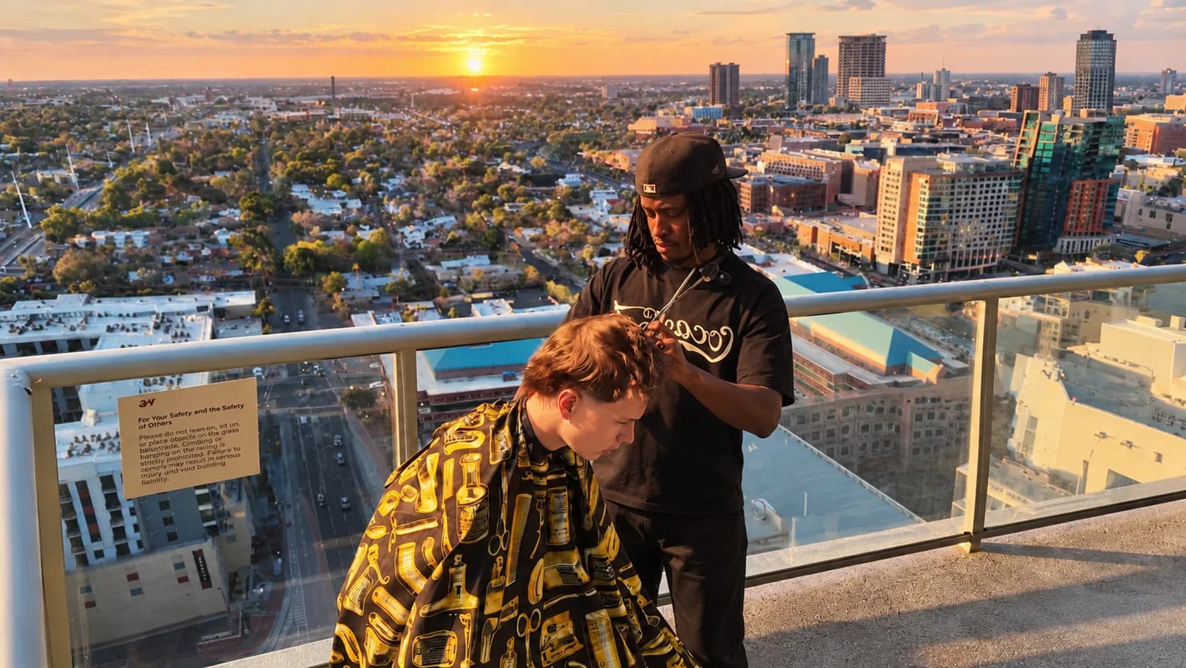A barber cutting hair on a rooftop terrace above the city at sunset
