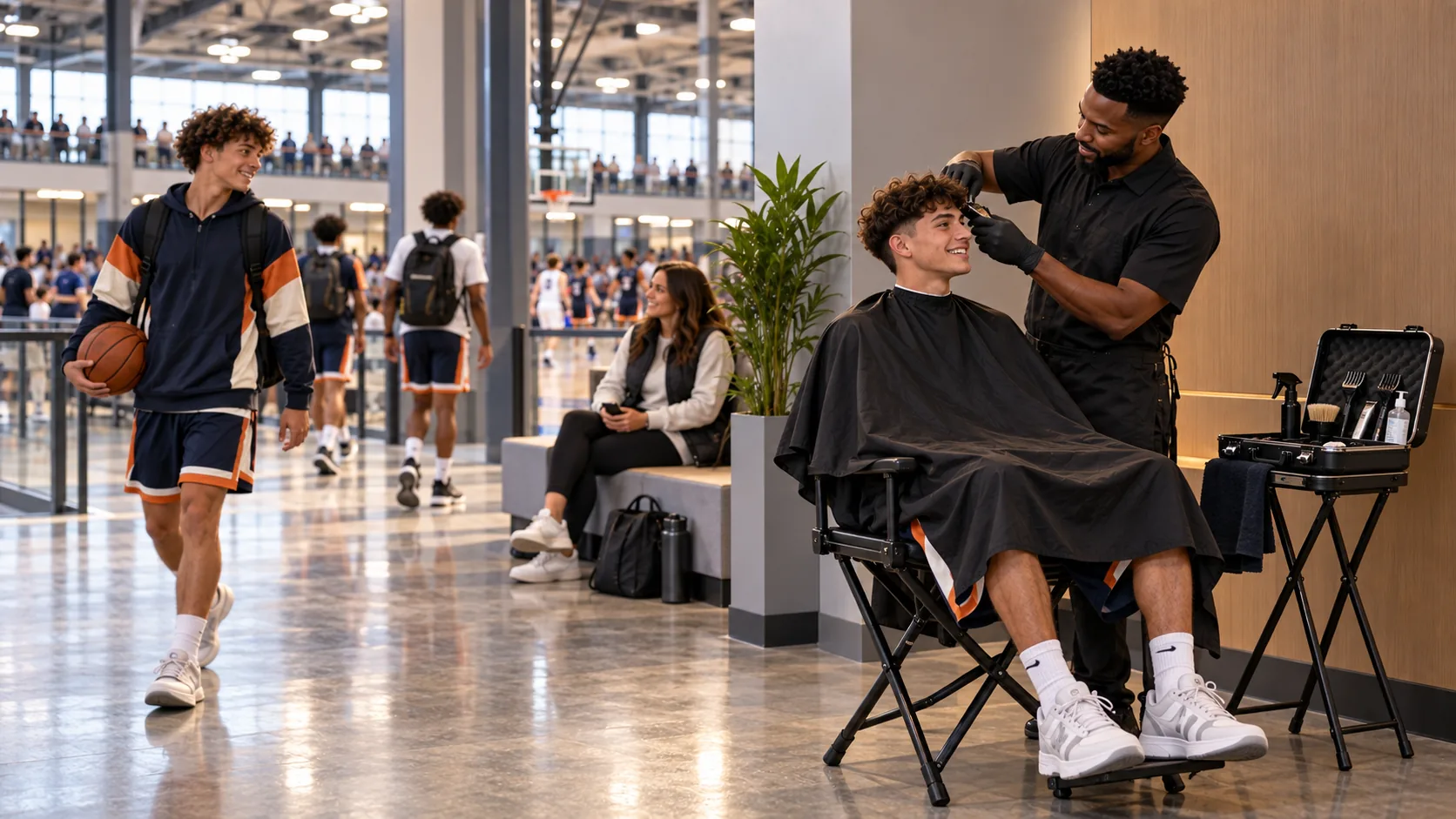 A tournament concourse: athletes and families around an appointment-only Beam0 barber setup with basketball courts behind